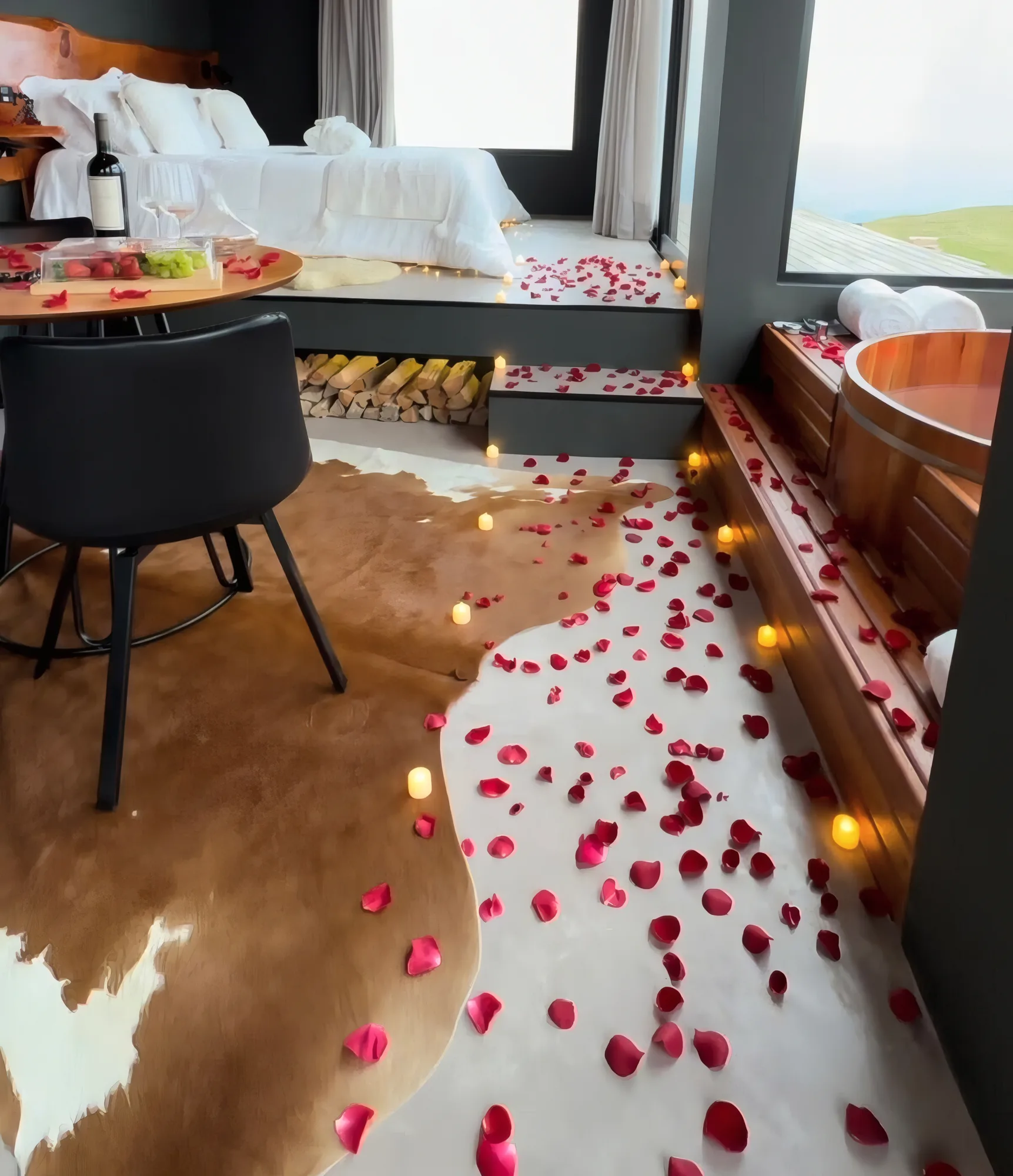 Caminho de pétalas de rosa e velas até a cama da Sunrise Home